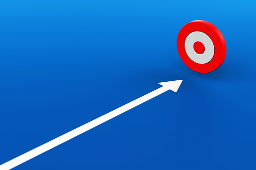 White arrow on the ground pointing at target with blue background. business way, different creative ideas, and develop working life concepts. 3D rendering