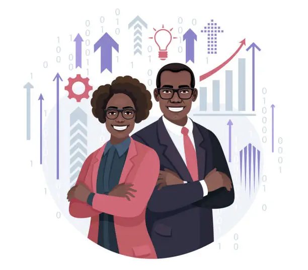 Vector illustration of African American Businessman and Businesswoman. Idea, plan strategy and solution concept. Management concept.