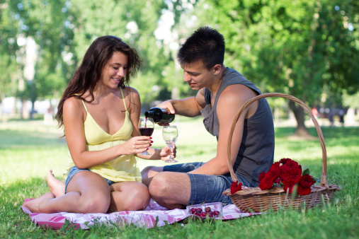 Portrait of a happy young loving couple spending time together at a picnic. Sitting on the blanket with basket, wine, cherries and roses on grass in summer park. They toast their glasses as they enjoy their romantic time together