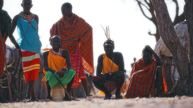 SLO MO Mens of Samburu Tribe in their village. Documentary footage