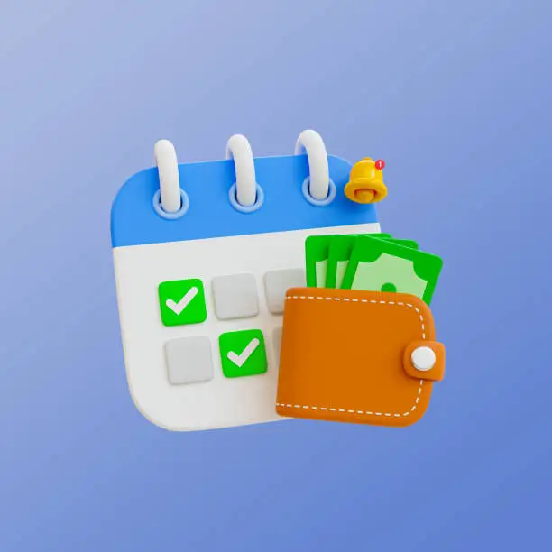 Photo of 3d minimal payday concept. payment date. payday reminder. calendar with a wallet and bell icon. 3d illustration.