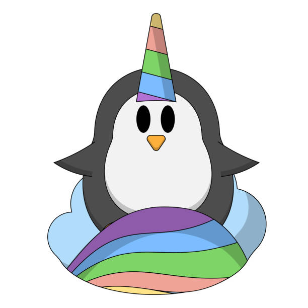 illustrazioni stock, clip art, cartoni animati e icone di tendenza di pinguino sveglio in costume di unicorno arcobaleno su una nuvola a colori - fairy penguin