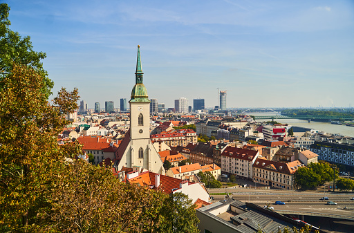 Slovakia, Bratislava - October 8, 2022: Top view of St. Mary's Cathedral and the Bratislava city, Slovakia. High quality photo
