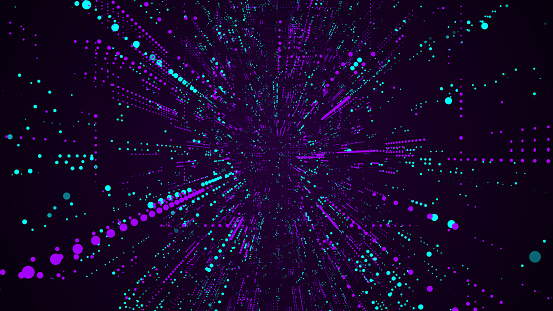 Vector abstract sci-fi pink tunnel. Digital database cyberspace. Decoding algorithms hacked software in funnel. Wormhole with cyber security from particles. 3D portal.