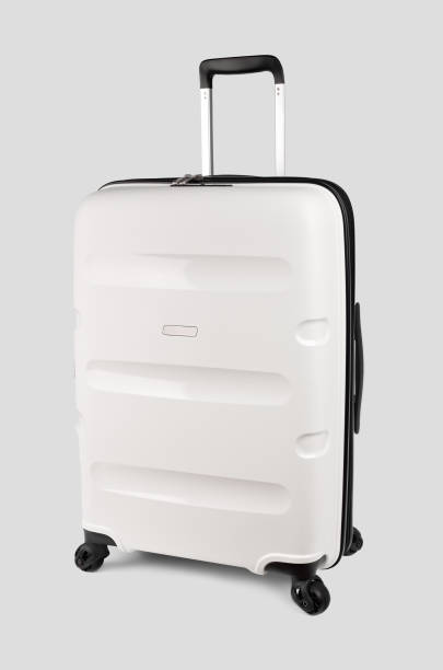 istock Plastic travel suitcase. White suitcase isolated on white background. Polycarbonate suitcase isolated on white. White suitcase. 1481159851