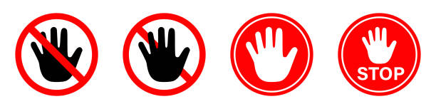 istock Red stop hand signs set. Set of ptohibiting signs. Danger warning - vector icon. Isolated vector. Information sign. Risk sign. Stop sign. Red sign. Vector graphic. 1481159895