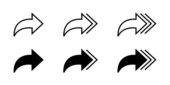 Forward arrow icon set. Arrow collection. Share sign. Arrow pointing right. Up arrow button symbol. Arrow set. Cursor icon vector illustration. Web design. Play button icon vector illustration. EPS 10