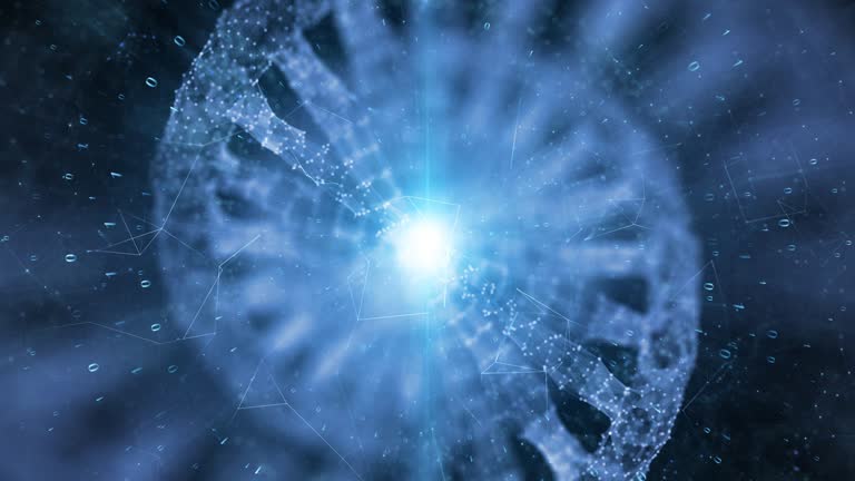 Blurred dna cell double helix rotation background with binary numbers motion.