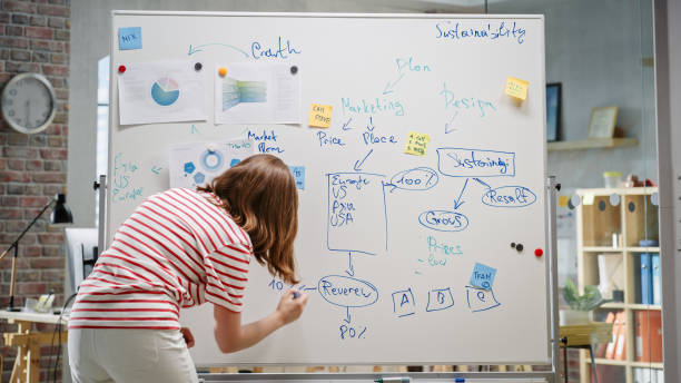 istock Young Female Entrepreneur Mind Mapping and Writing on a Whiteboard in Office. Director Using Charts, Statistics, and Post-its to Brainstorm for the New Marketing Strategy. Back View. 1481165778