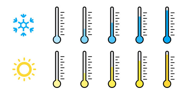Hot and cold temperature graduation. High and low temperature. Celsius thermometers set. Thermometers set in flat style on white background. High temperature. Vector graphic. Hot and cold temperature graduation. High and low temperature. Celsius thermometers set. Thermometers set in flat style on white background. High temperature. Vector graphic. EPS 10 temp gauge stock illustrations
