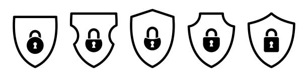 ilustraciones, imágenes clip art, dibujos animados e iconos de stock de escudo bloquea el conjunto de iconos. diferentes formas de escudo con cerraduras. icono de bloqueo de escudo. protección del escudo. protección antivirus. señal de privación de seguridad de protección. logotipo de seguridad. gráfico vectorial. - spamfilter