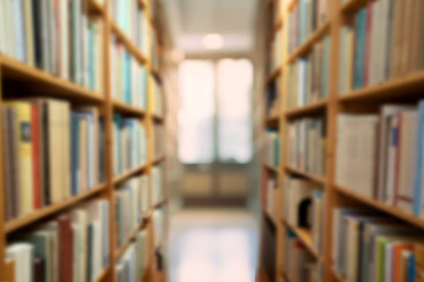 istock Public library blurred books, books on bookshelf in library, abstract blur defocused background vintage design, Hallway 1481167107