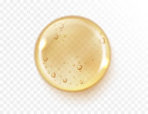 Vector illustration of Serum gel texture isolated on transparent background. Gold serum drop. Realistic Liquid gel with bubbles