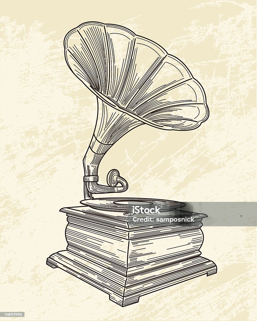 Sketch of a gramophone on old paper An antique gramophone on a rustic background. Gramophone stock vector