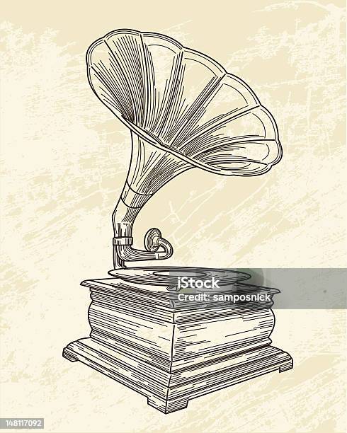 Sketch Of A Gramophone On Old Paper Stock Illustration - Download Image Now - Gramophone, Old-fashioned, Retro Style