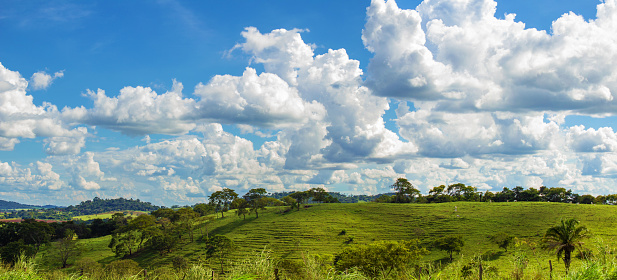 Goias, Goias, Brazil – April 06, 2023: Panoramic photo of a landscape seen from a highway in the state of Goias.