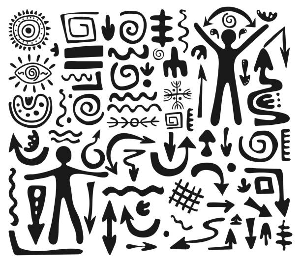 большой набор примитивных этнических орнаментов, петроглифов - anasazi stock illustrations