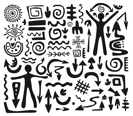Big set primitive ethnic ornaments, petroglyphs. Arrows, lines, circles. Pattern, spiral drawing of ancient tribe, stone age. Design element for textiles, paper, fabrics, postcard. Vector illustration