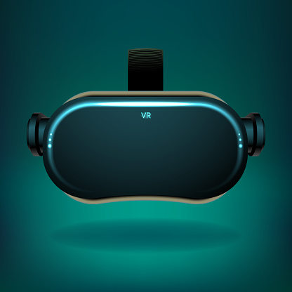 Realistic VR headset blue and black colors with the word vr on it. Vector illustration