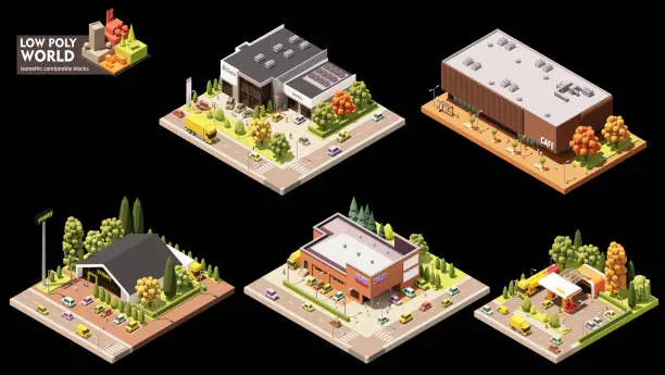 Vector illustration of Vector isometric city commercial area elements