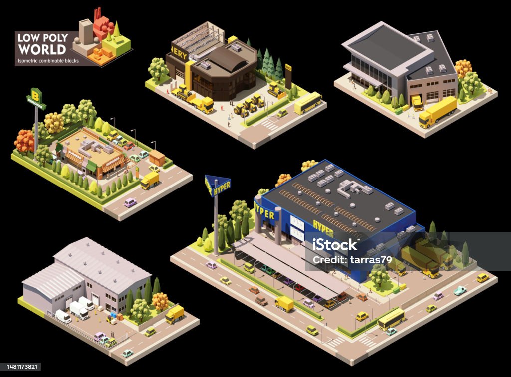Vector Isometric City Commercial Area Elements Stock Illustration ...