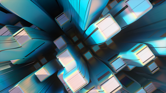 Abstract city. White blue color. Top view of rectangular shapes. Close-up. Dark stripes appear on the pillars. Immersion. High quality 3d illustration