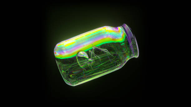 istock Abstract concept. A brilliant spider runs inside a transparent jar. Green iridescent green color. 3d illustration. 1481176205