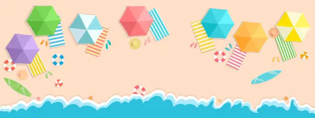 Vector illustration of Happy summer beach sea banner vector illustration, top view colorful beach background with umbrella, mat, ball, swim ring, surfboard, hat, starfish, shell. Aerial view bright life outdoor activity