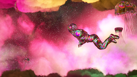 The astronaut floats between pink purple clouds surrounded by jellyfish. Space. Diamond suit. Milky Way. 3d animation. High quality 3d illustration