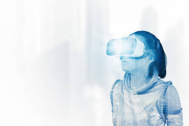 istock Double exposure of female robot using VR goggles 1481179335