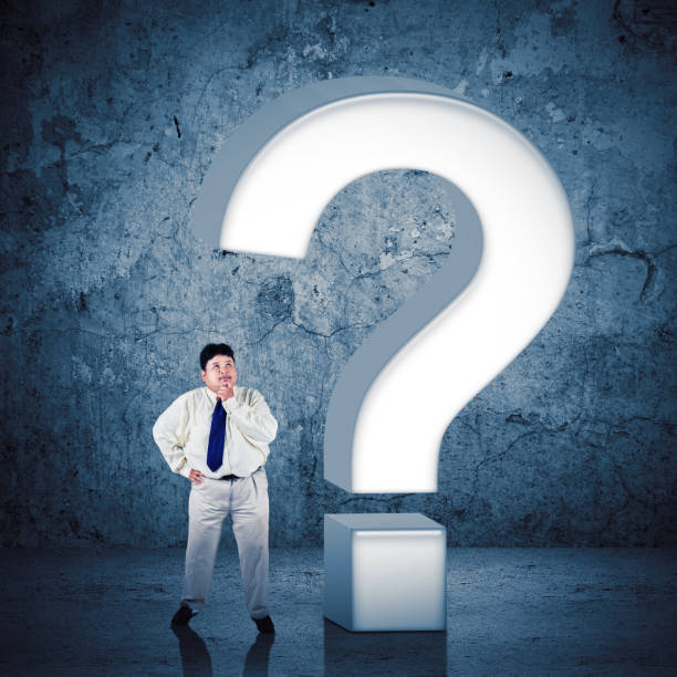 istock Overweight business man looking at a huge 3d question mark 1481179370