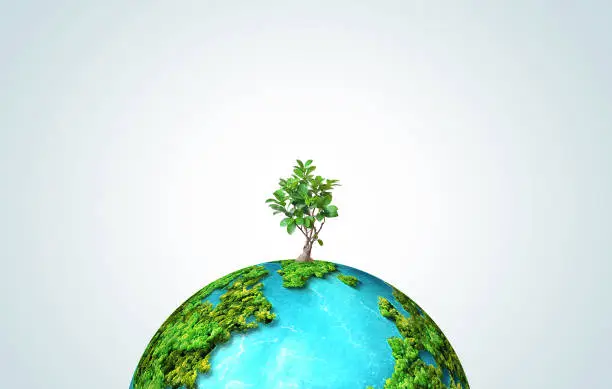 Save our planet. Earth day 3d concept background. Ecology concept. Design with 3d globe map drawing and leaves isolated on white background.