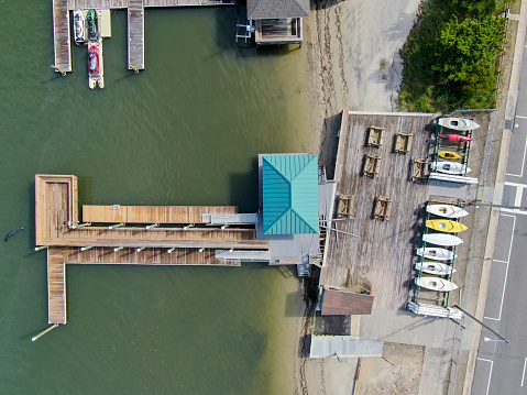 Aerial view from over a pier on the sound side at Wrightsville Beach, North Carolina
