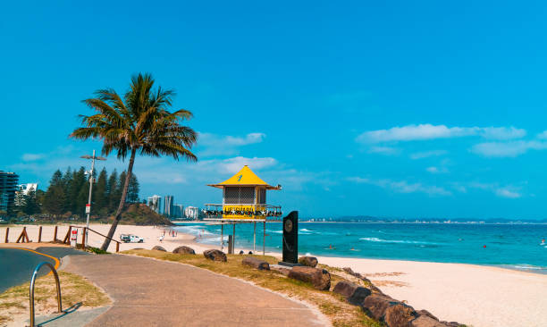 the road along the rainbow beach with crushing ocean waves in the background and bright yellow lifeguard tower overlooking the sea. - gold coast australia lifeguard sea imagens e fotografias de stock