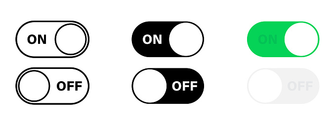 Switch toggle set. Toggle switch buttons. Power button set. On and off swithers set. Mobile interface design. Vector web button. Vector graphic. EPS 10