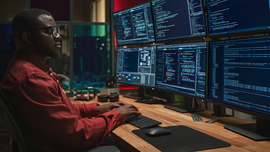 Black Computer System Technology Black Cyber Security Specialist Coding On Desktop Computer With Six ...