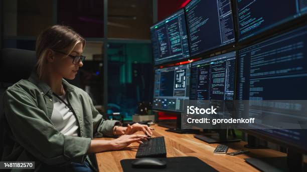 programmingprogramingprogramerinformaticscodecode... Female Programmer Coding On Desktop Computer With Six Monitors Setup In ...