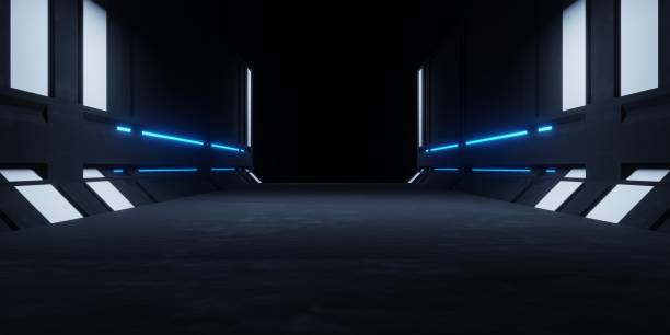 istock 3d rendering of spaceship corridor blue neon glowing hallway dark background. Scene for advertising, showroom, technology, future, modern, sport, game, metaverse. Sci Fi Illustration. Product display 1481183983