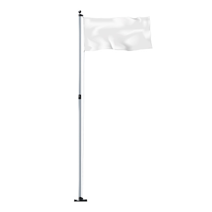 Blank waving flag on metal pole isolated on white background realistic vector mock-up. Empty horizontal flying banner mockup. Template for design