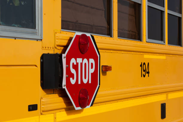 istock Stop road sign at the school bus 1481186572