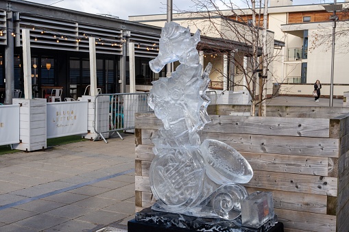 Durham, United Kingdom – February 25, 2023: 'Seahorn' sculpture as part of the Steampunk themed trail at the Fire and Ice festival in the city of Durham, UK.