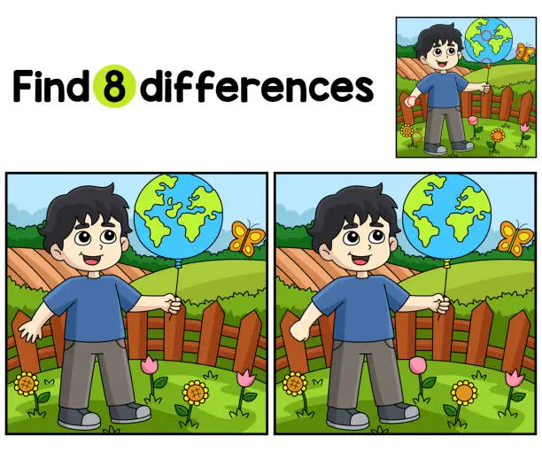 Vector illustration of Boy Holding Earth Balloon Find The Differences