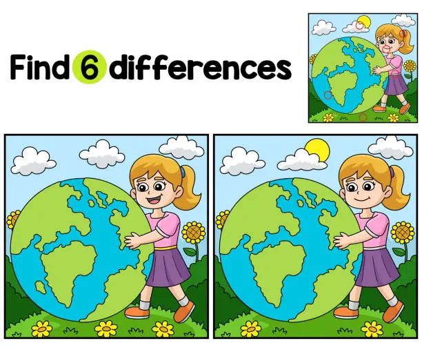 Vector illustration of Girl Holding Earth Find The Differences