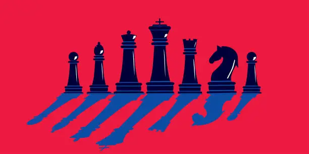 Vector illustration of Silhouettes of chess pieces on a red background with long shadows in a trendy style