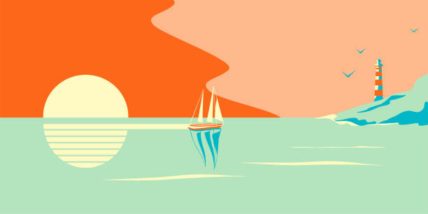복고풍 스타일의 태양을 배경으로 해변의 등대 옆에 있는 요트 또는 요트의 벡터 그림 - backdrop old fashioned outdoors yacht stock illustrations