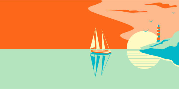 illustrazioni stock, clip art, cartoni animati e icone di tendenza di illustrazione vettoriale di uno yacht o di una barca a vela accanto a un faro in riva al mare sullo sfondo del sole in stile retrò - backdrop old fashioned outdoors yacht