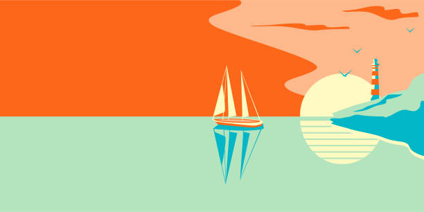 복고풍 스타일의 태양을 배경으로 해변의 등대 옆에 있는 요트 또는 요트의 벡터 그림 - backdrop old fashioned outdoors yacht stock illustrations