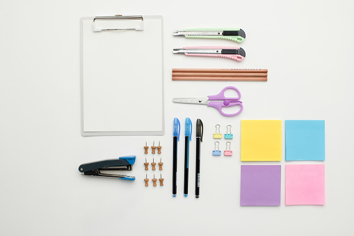 Flat lay of office supplies in flat lay for design purpose