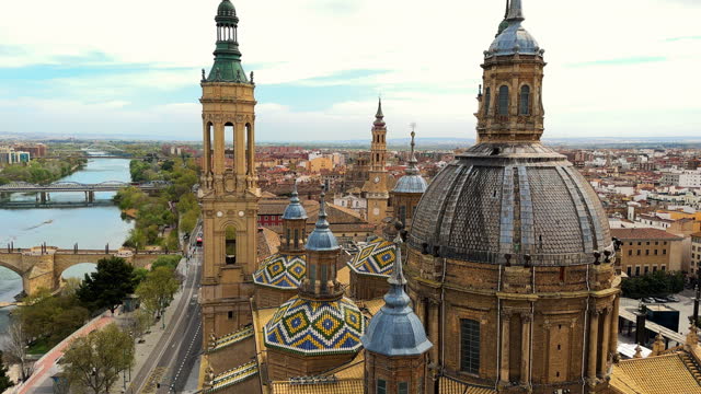 Aerial view on the roofs of Basilica of Our Lady of the Pilar in Zaragoza, Spain. High quality 4k footage