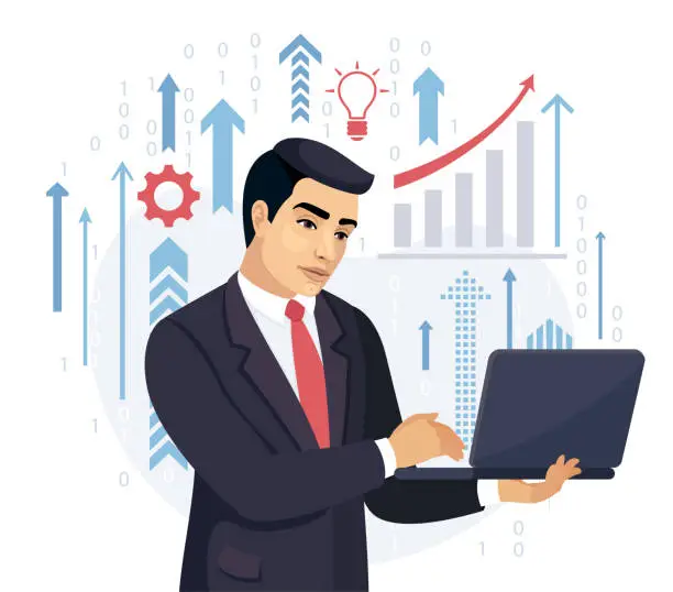 Vector illustration of Businessman with Laptop. Idea, plan strategy , solution and management concept.